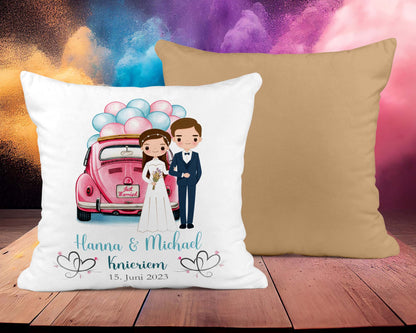Hochzeitkissen Paar mit Oldtimer - Personalisierbar mit Namen und Hochzeitsdatum - Zwergenstick