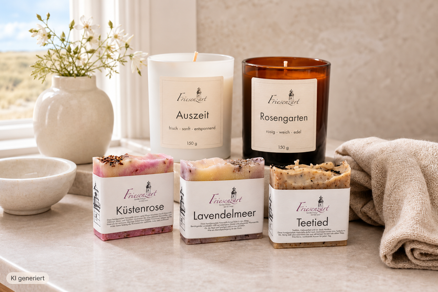 Friesenzart Duftkerzen Auszeit und Rosengarten mit drei Naturseifen