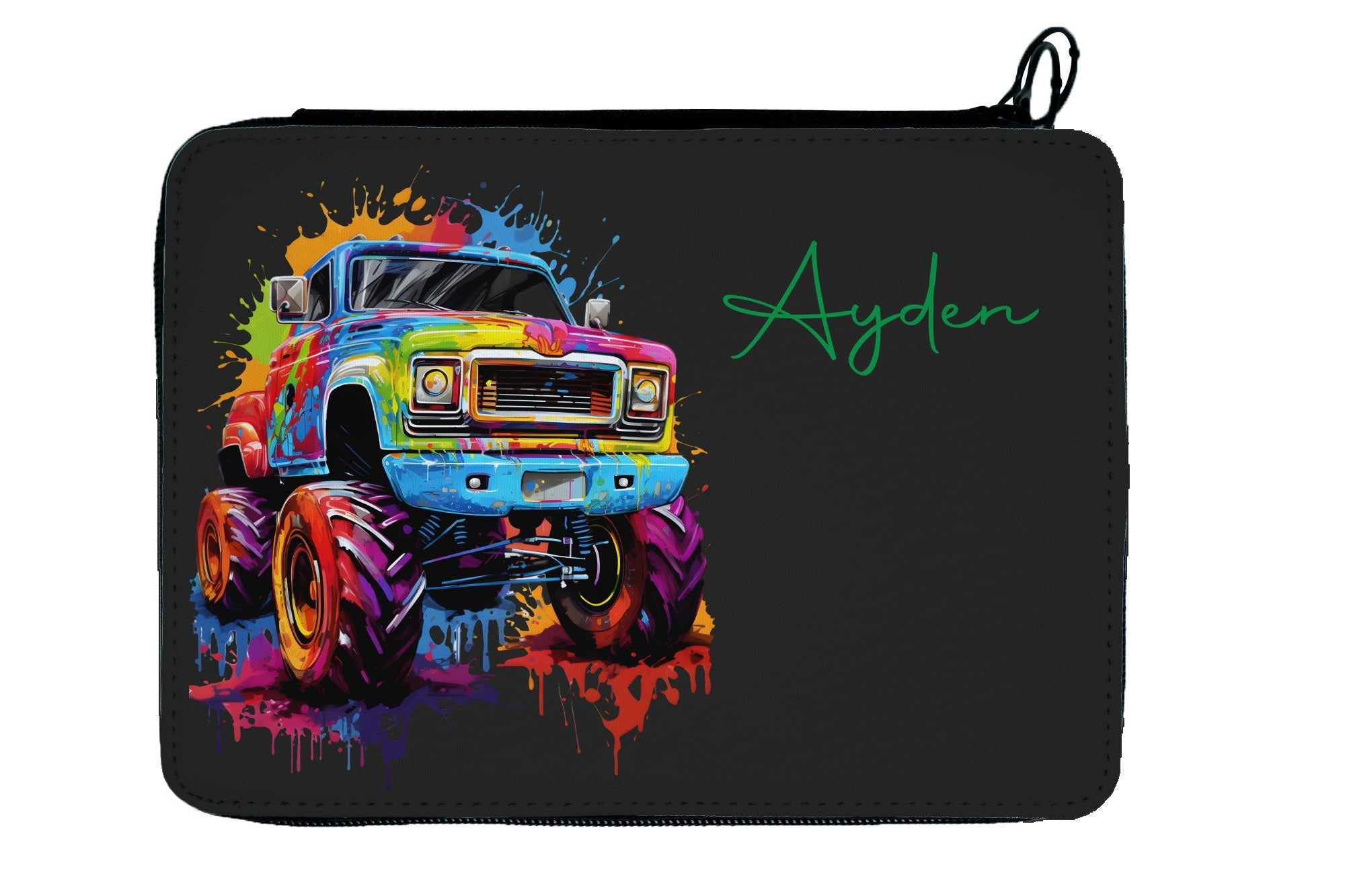 Personalisierbare, gefüllte Federmappe mit farbenfrohem Monstertruck - Design - Zwergenstick