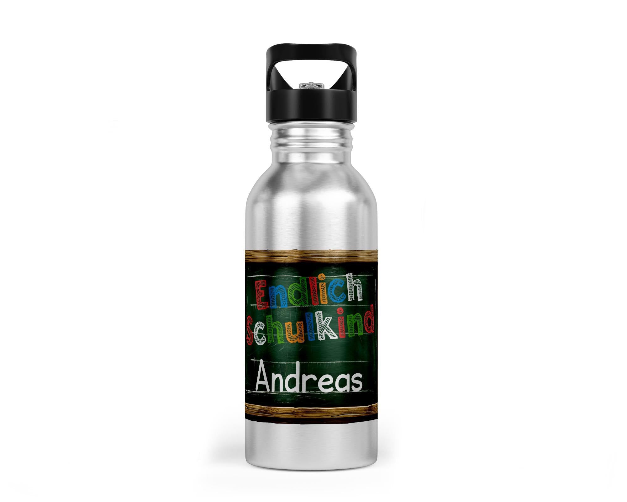 Personalisierbare Kinder - Trinkflasche mit buntem "Endlich Schulkind" - Design - Zwergenstick