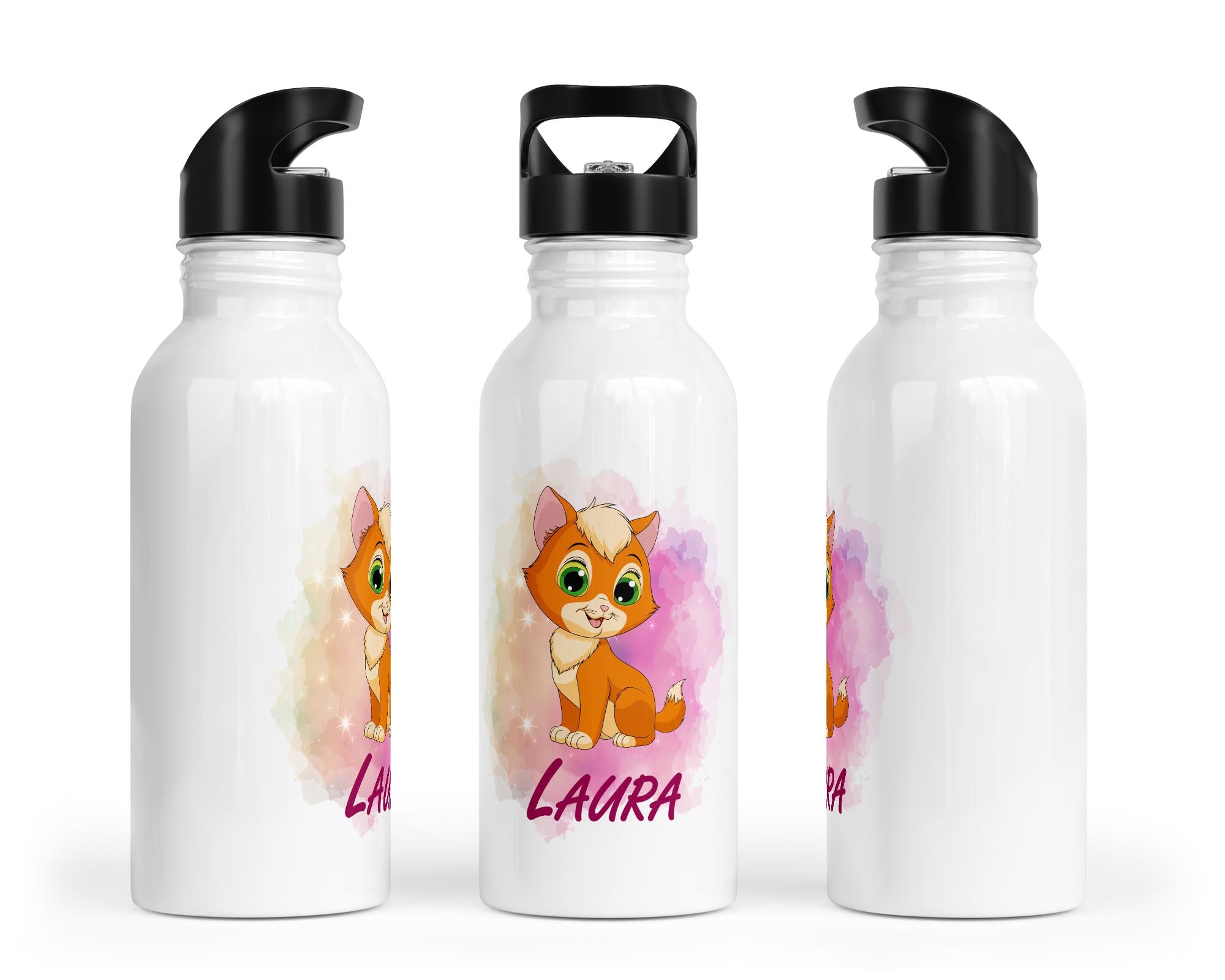 Personalisierbare Kinder - Trinkflasche mit süßem Katzen - Design - Zwergenstick