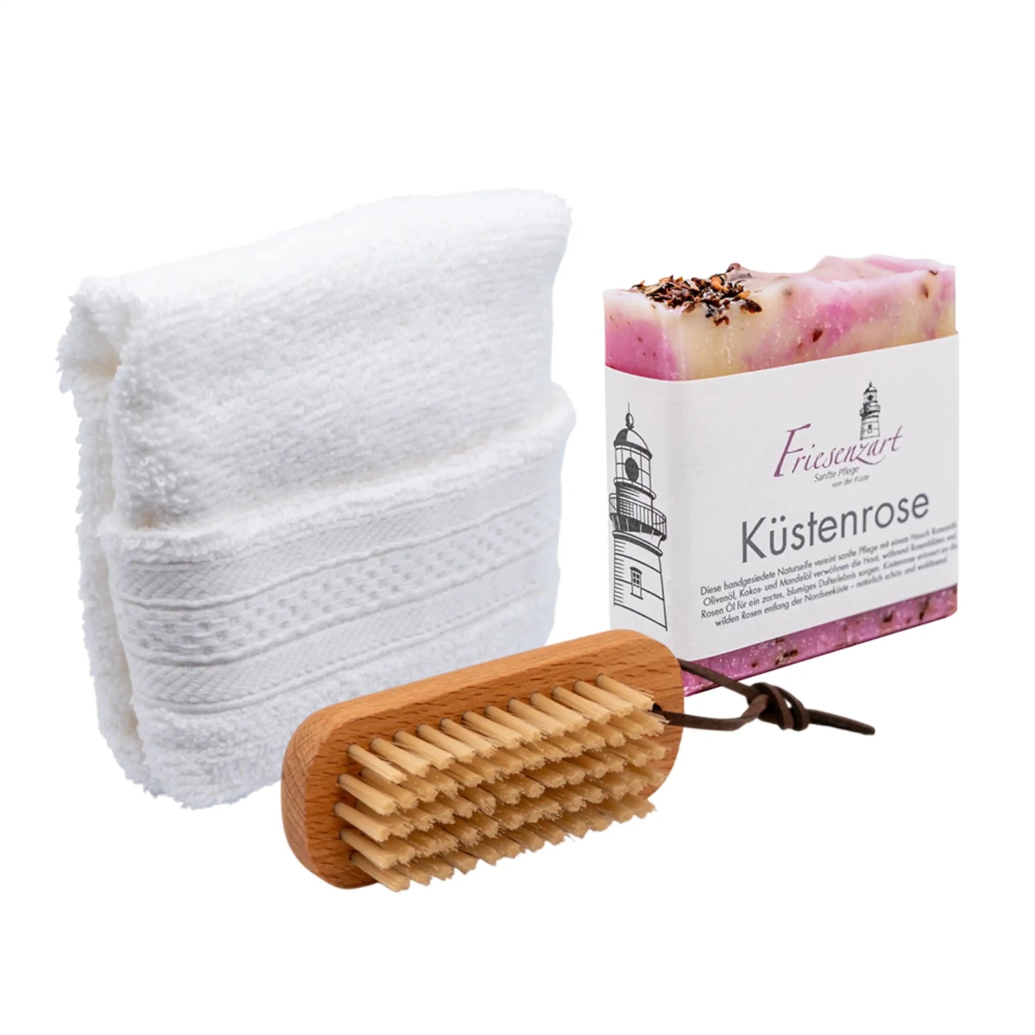 Pflegeset Küstenrose – Naturseife, Gästehandtuch &amp; Bürste - Zwergenstick