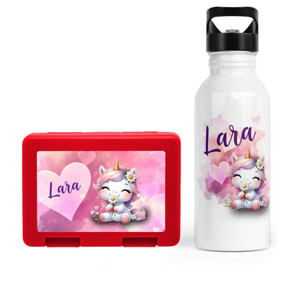 Schulstart Bundle No.10 – Einhorn in Love - Design Brotdose &amp; Trinkflasche - Zwergenstick