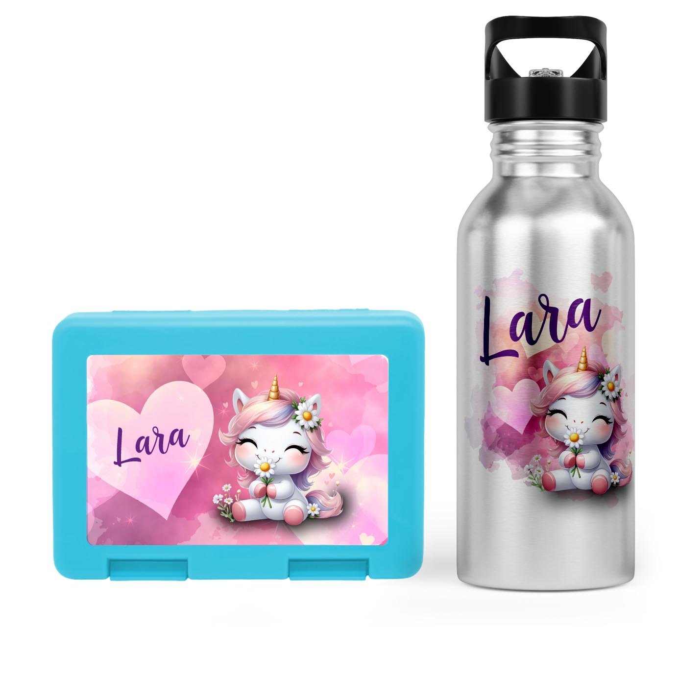Schulstart Bundle No.9 – Einhorn in Love - Design Brotdose &amp; Trinkflasche - Zwergenstick