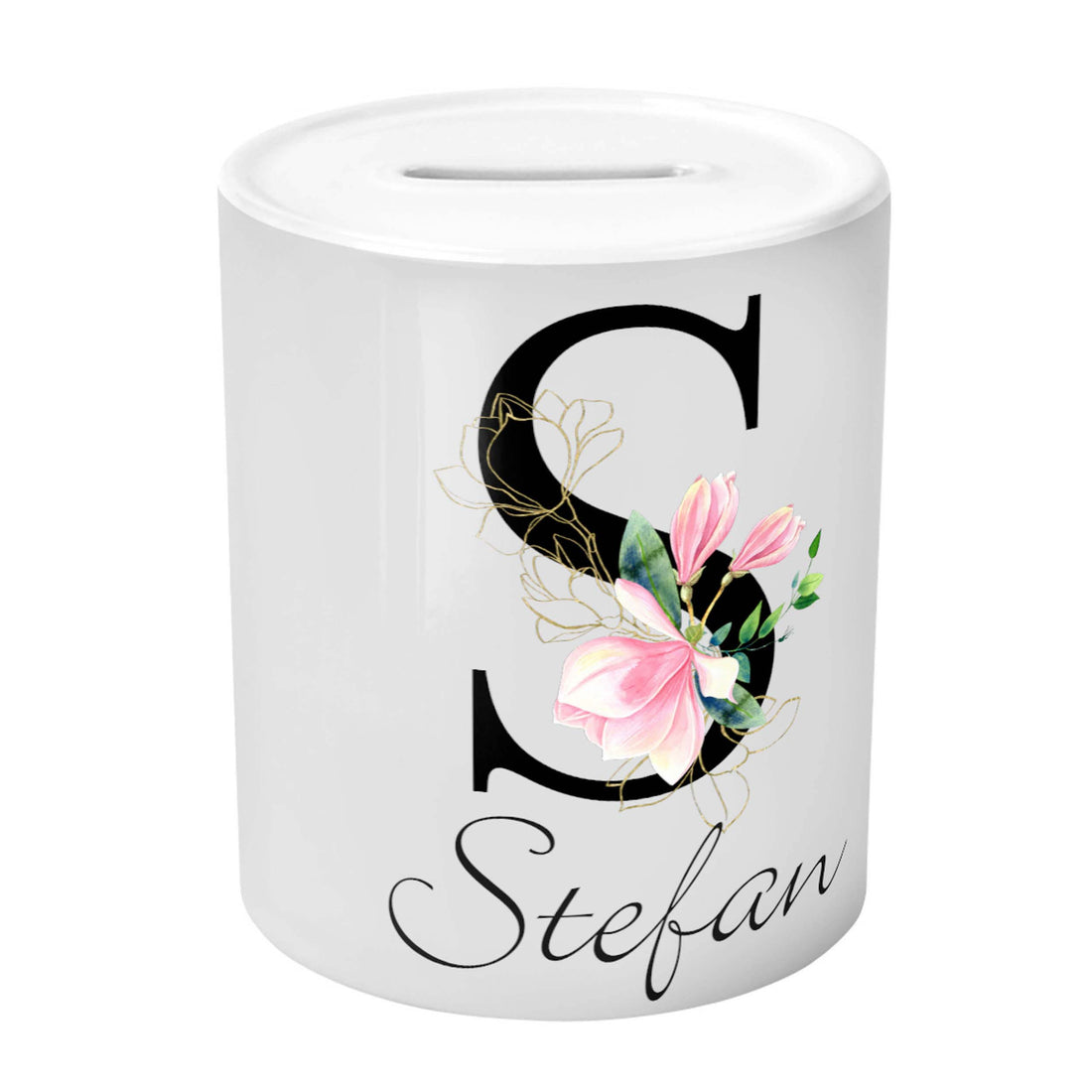 Spardose - Initiale Schwarz mit Blumen und Namen (Personalisiert) - Zwergenstick